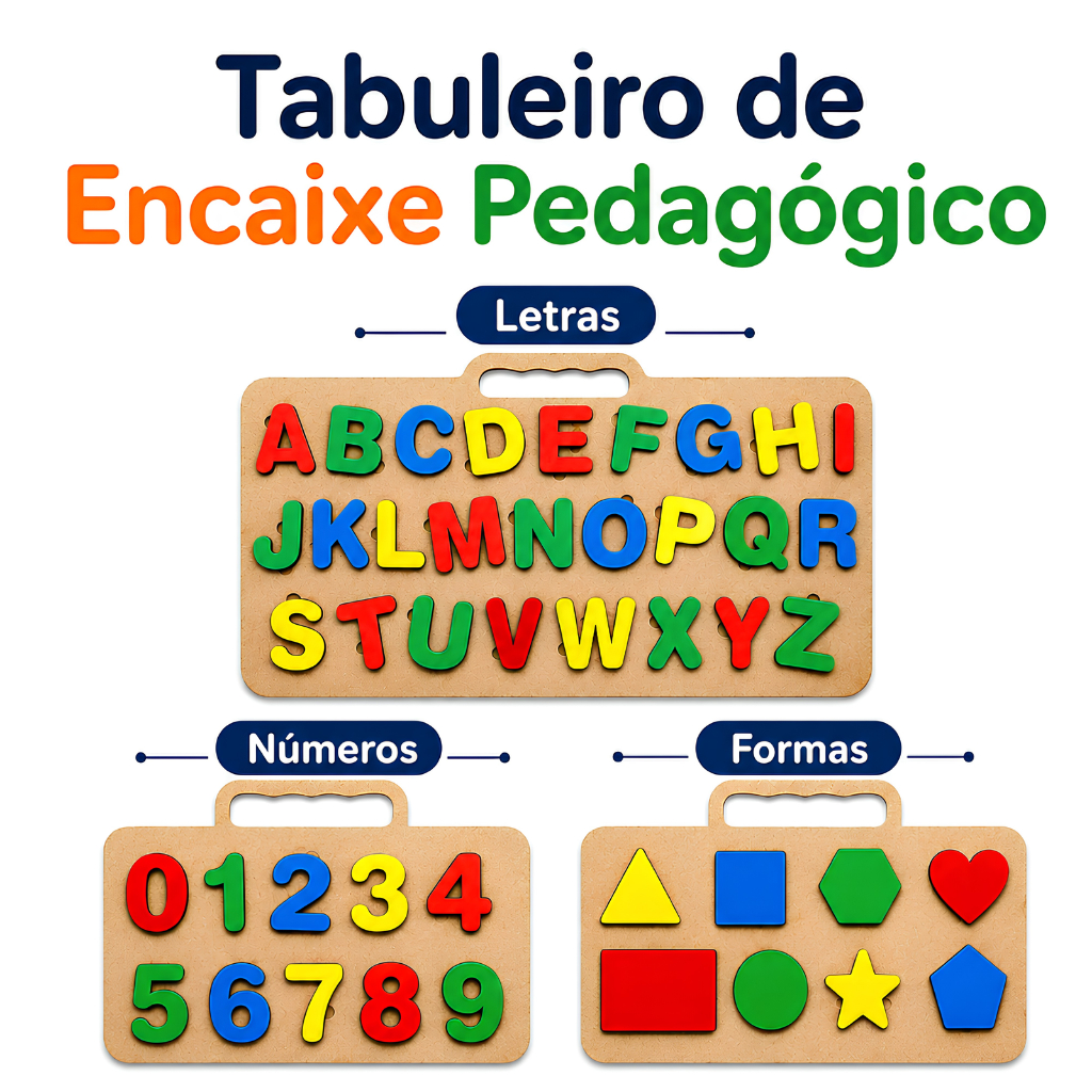 Tabuleiro Educativo Brinquedo Pedagógico Montessori Jogo De Encaixe Alfabeto Letras Números Formas Geométricas