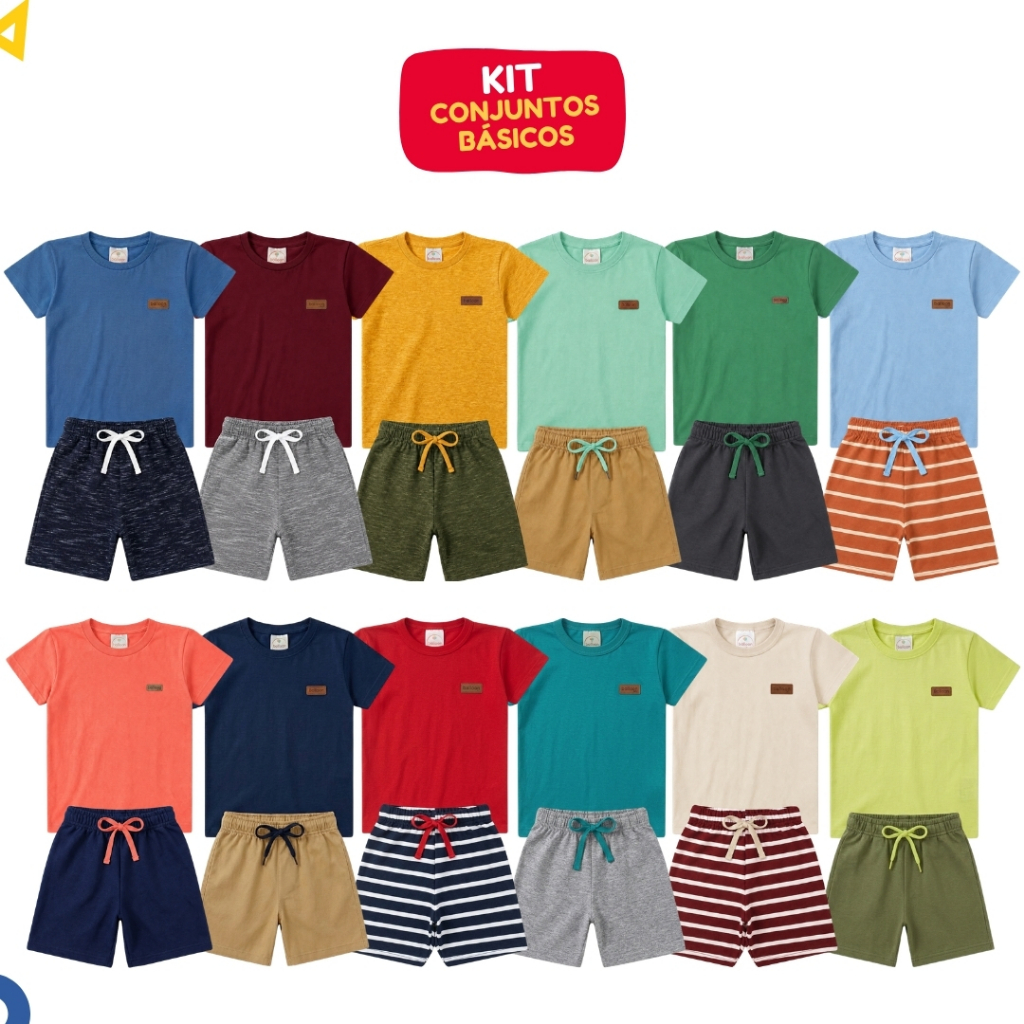 Kit 10 Peças Roupa Básica Infantil Menino Verão Conjunto Liso Masculino Algodão