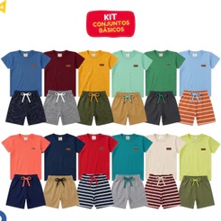 Kit 10 Peças Roupa Básica Infantil Menino Verão Conjunto Liso Masculino Algodão 1 ao 14 Pronta Entrega