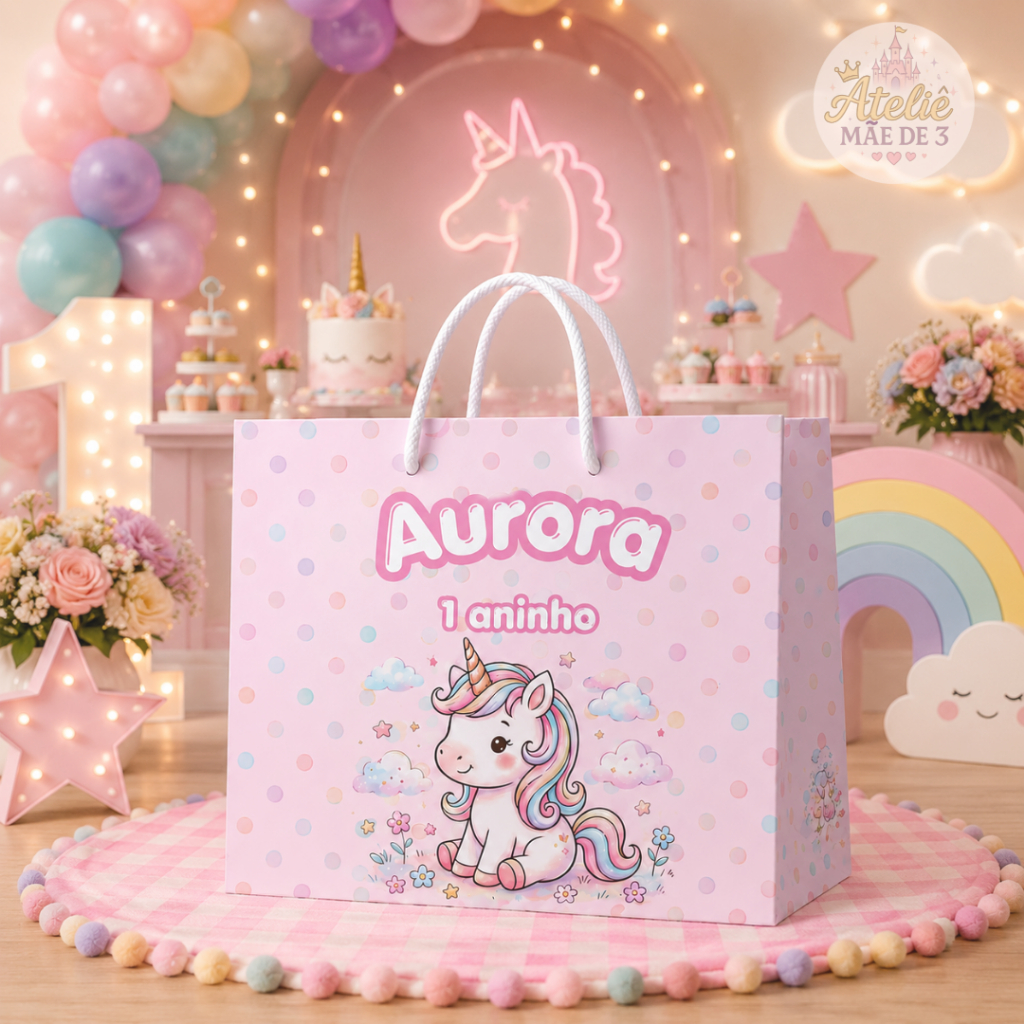 Kit Lembrancinhas Unicórnio Sacolinha De Papel Personalizada Festa Aniversario Infantil Menina 5 ou 10 Unid