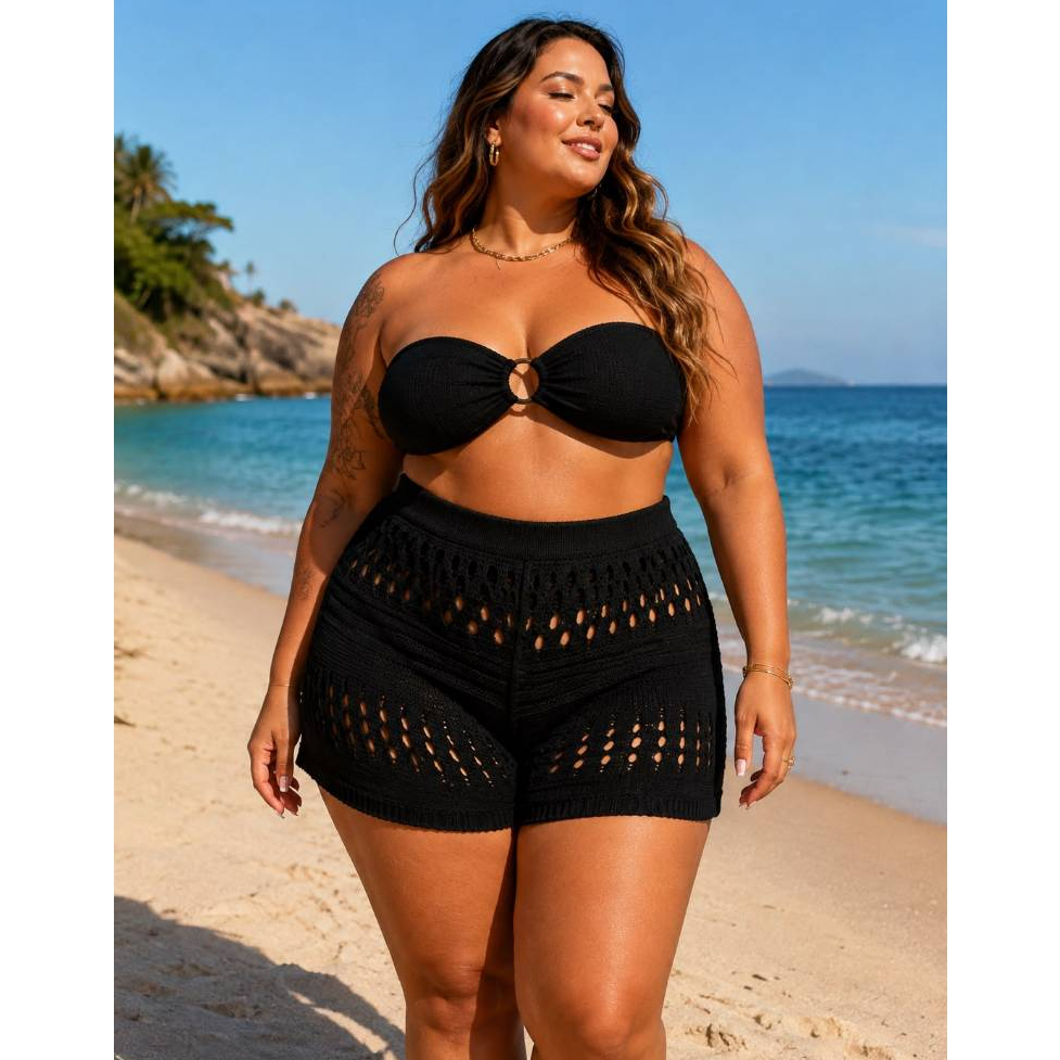Shorts Saída de Praia  Plus Size Tricô Moda Praia Feminina Perfeito para seu Look de Praia