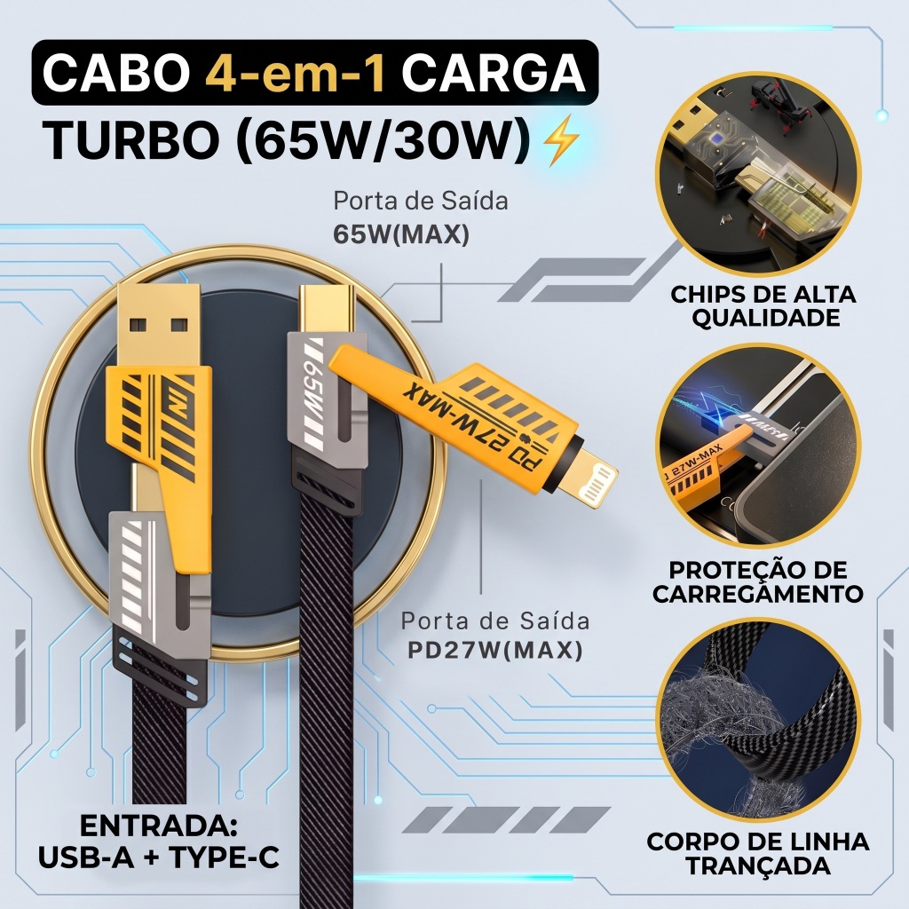 Cabo Carregador 4 em 1 65W PD Turbo Carregamento Rápido USB-A USB-C Tipo-C Lightning Nylon Trançado para Celular Tablet