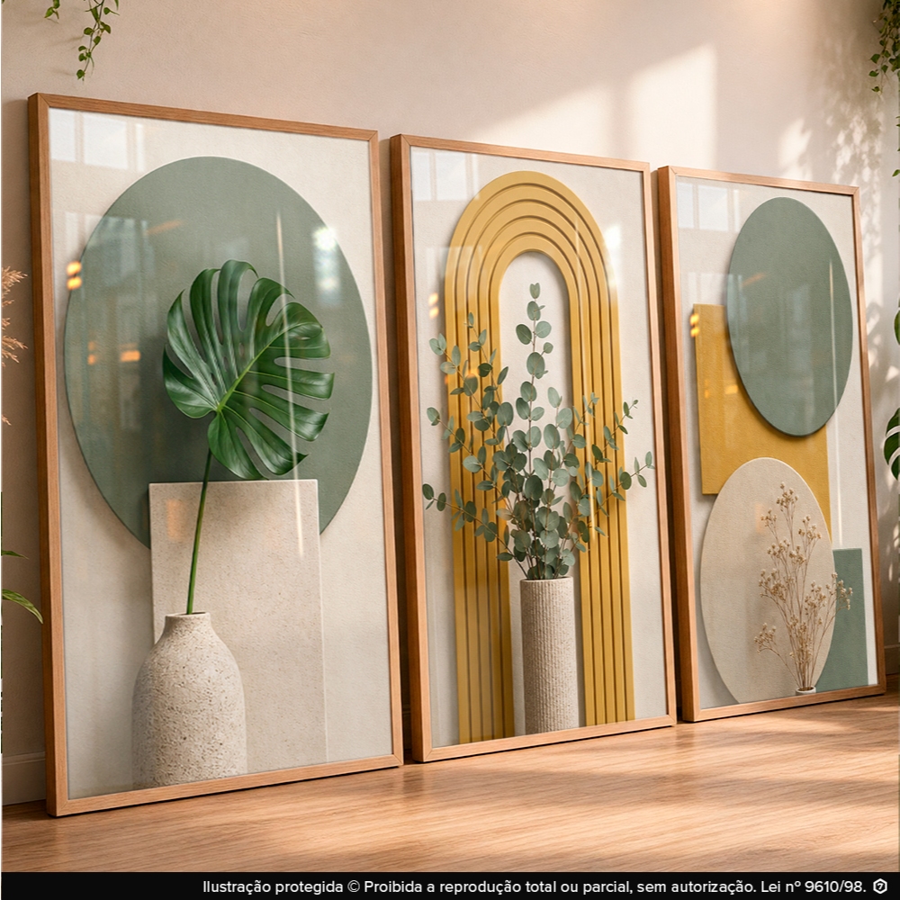 Quadros Decorativos Boho Geométrico Luxo para Sala Hall Verde