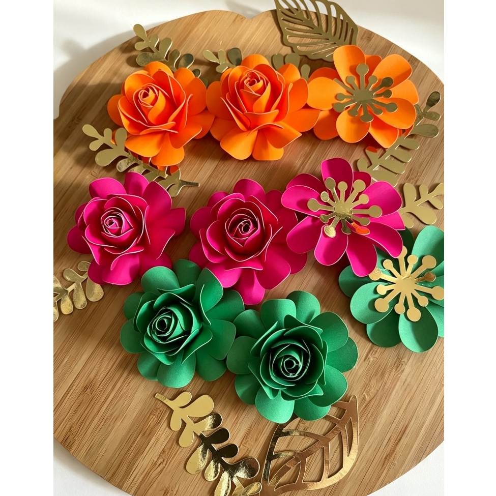 Kit de flor de papel para topo / topper de bolo - Rosa pink, Laranja neon e verde