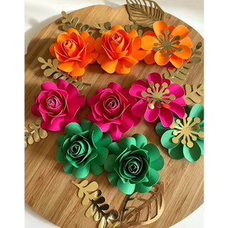 Kit de flor de papel para topo / topper de bolo - Rosa pink, Laranja neon e verde