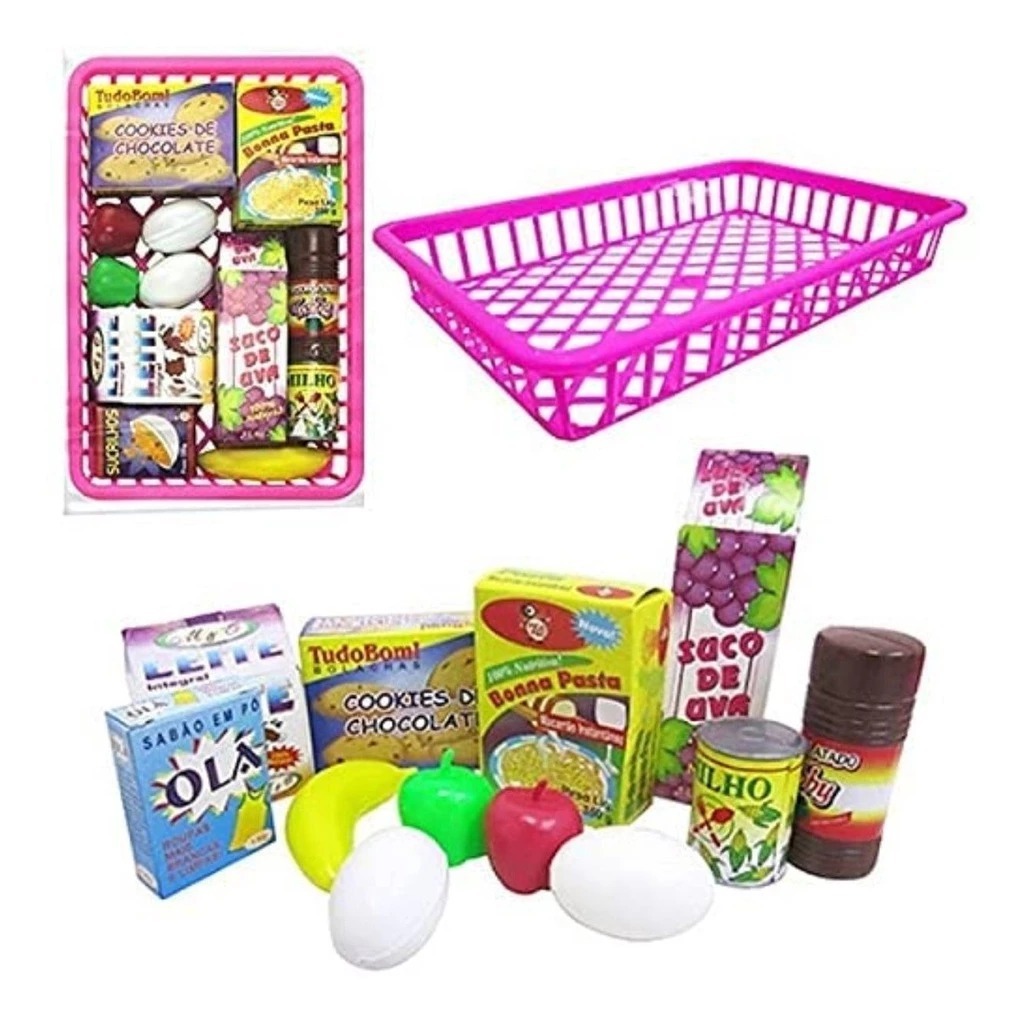 Kit Cesta Mini Mercado Comidinhas Brinquedo Infantil 13 Peças