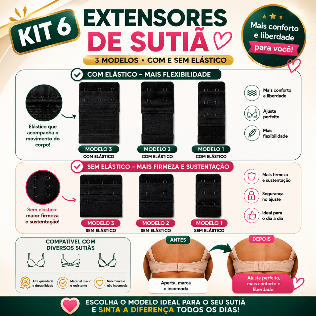 Kit com 6 Extensores de Sutiã - Colchetes com e sem Elástico Prolongador Aumentador