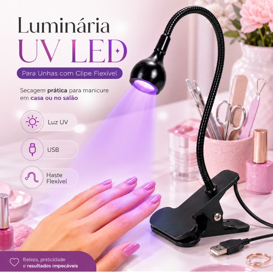 LED Luminária UV para Unhas com Clipe e Haste Flexível, Secador de Esmalte em Gel para Manicure Profissional