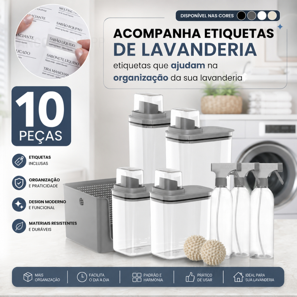 Kit Organizador de Lavanderia 10 Peças Dispenser 1,5L + 2,3L 3 Borrifadores 500m