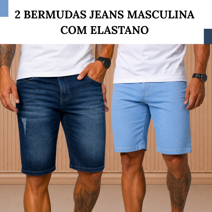 Kit 2 Jeans Masculinos Shorts Reto Com Elastano - Original Estilo Casual Bermuda Jeans