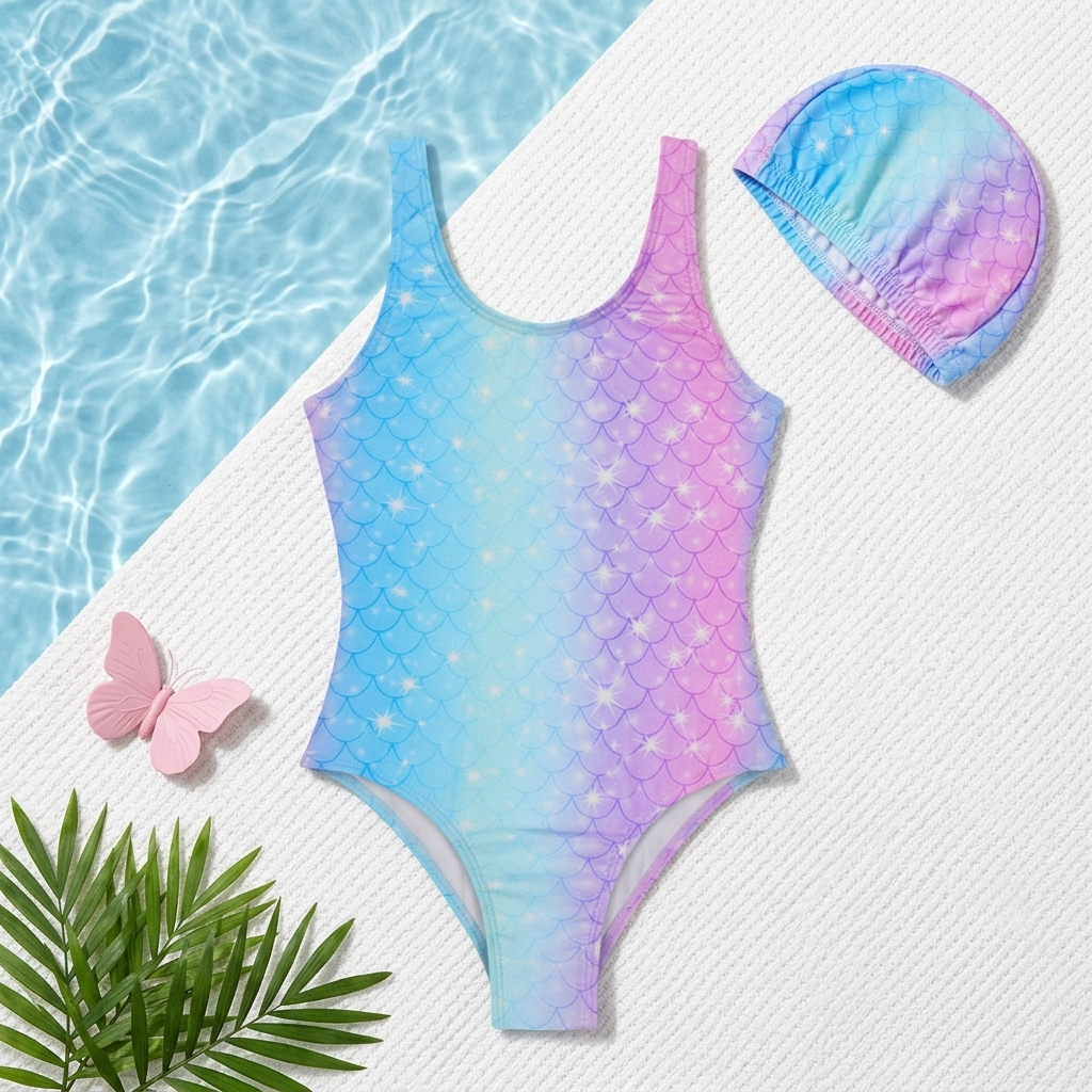 Kit Natação Infantil Menina Maiô Confort Com Touca De Tecido Piscina Praia