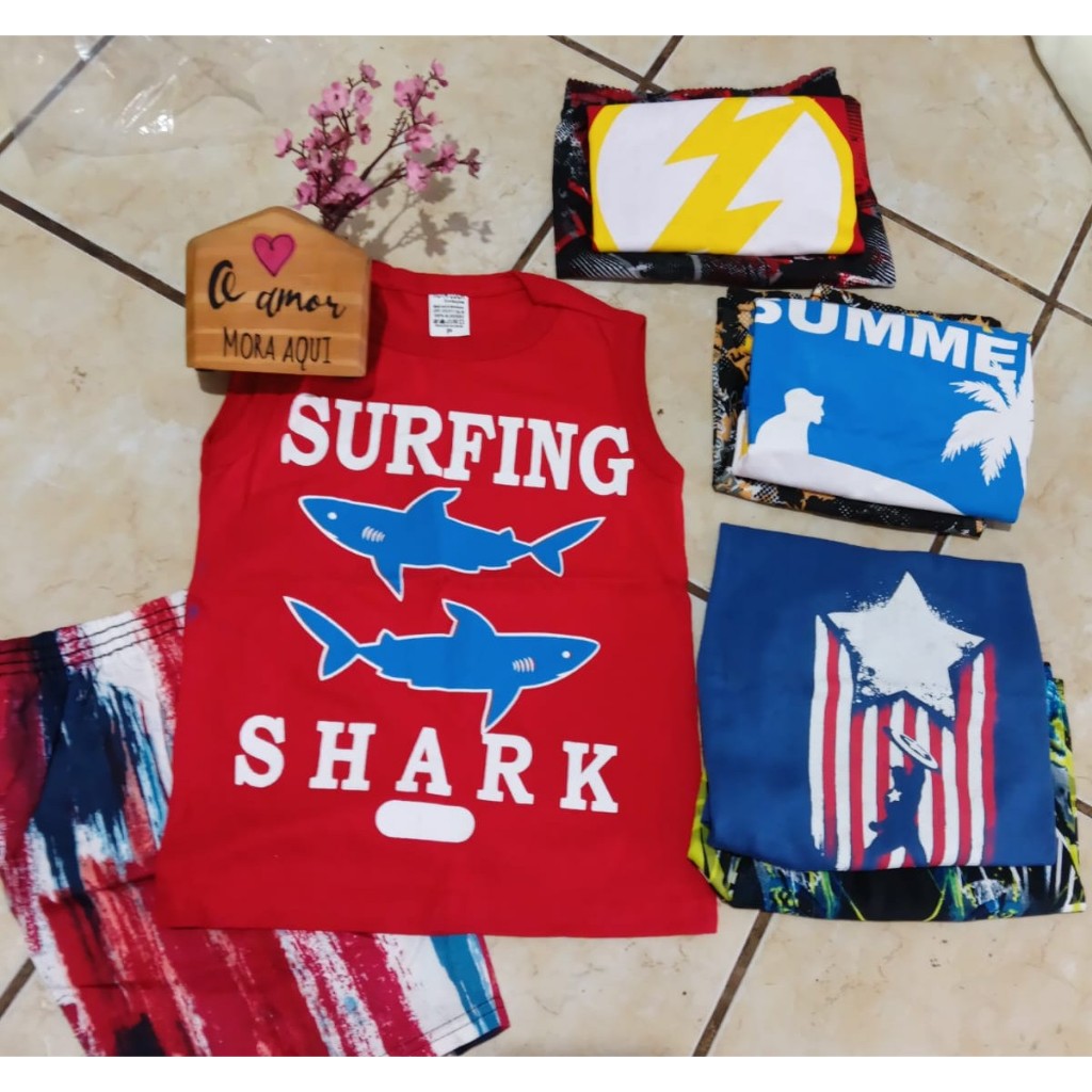 Conjunto Infantil de Personagem 1 a 2 Anos Tamanho P Menino Camisa + Bermuda Masculino Camiseta 100% e Short Tactel