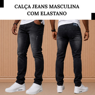 Calça Jeans Masculina Preta com Efeito Puído Estilo Urbano Casual Peça Versátil Para o dia a dia.