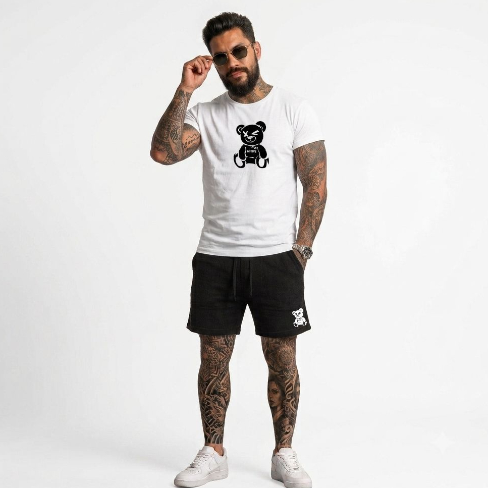 conjunto camiseta e bermuda masculina moda casual street verao kit 2 peça camiseta estampada e short com cadarço cb-511