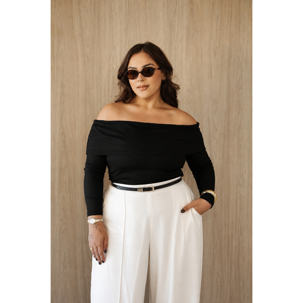 Blusa Feminina Plus Size Manga Longa Ombro a Ombro Elegante Estilosa Jovial Moderna Inverno Frio Casual Trabalho Dia Dia