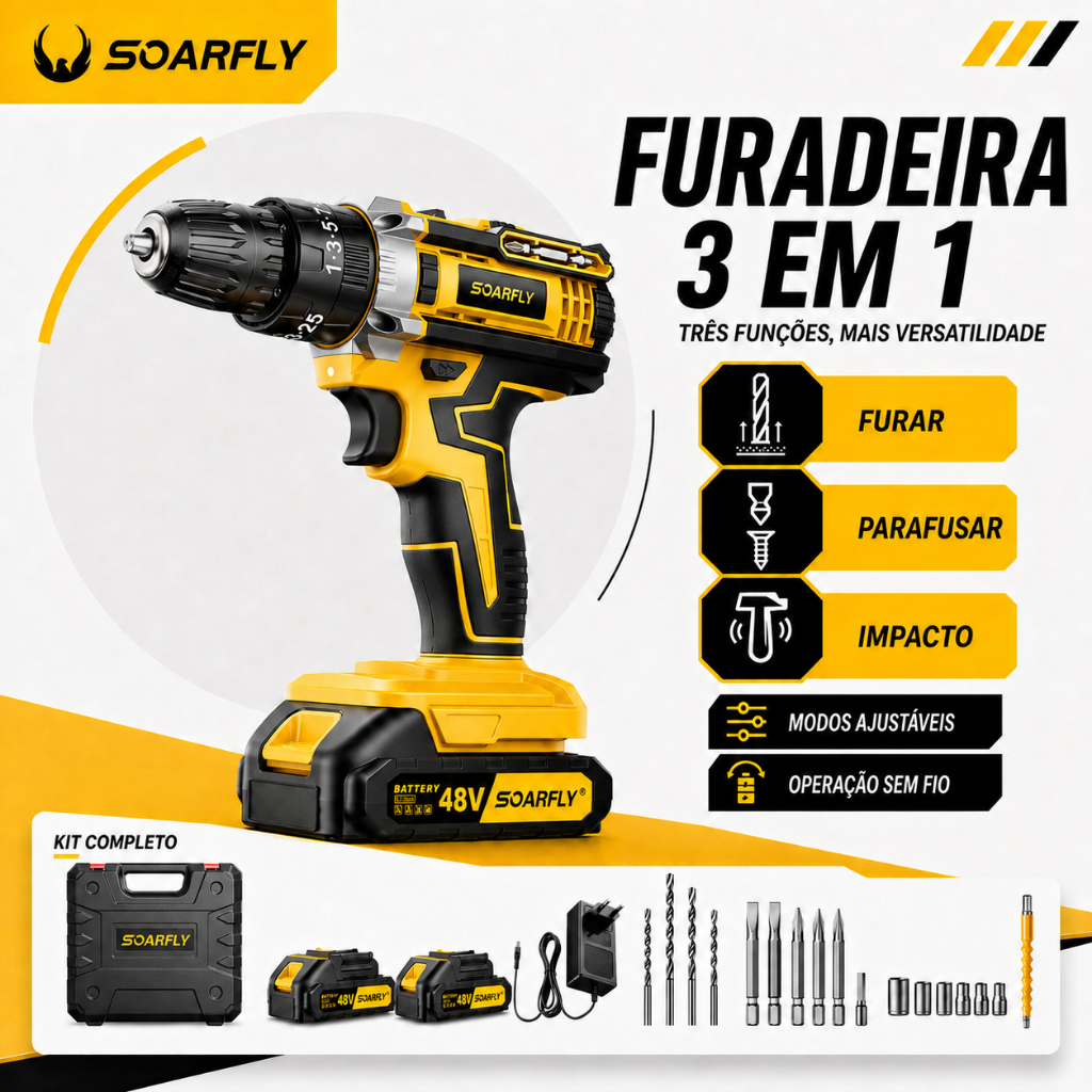 Parafusadeira Furadeira Sem Fio com Impacto 48V, Duas Baterias, Maleta Completa com Acessórios e Brocas, Bivolt