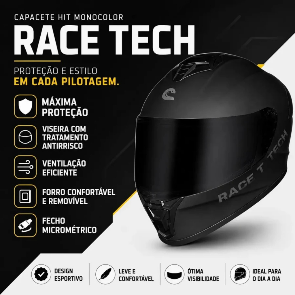 CAPACETE MOTO MOTOQUEIRO FECHADO RACE TECH HIT MONOCOLOR PRETO FOSCO LENTE CRISTAL