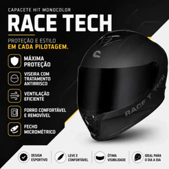 CAPACETE MOTO MOTOQUEIRO FECHADO RACE TECH HIT MONOCOLOR PRETO FOSCO LENTE CRISTAL