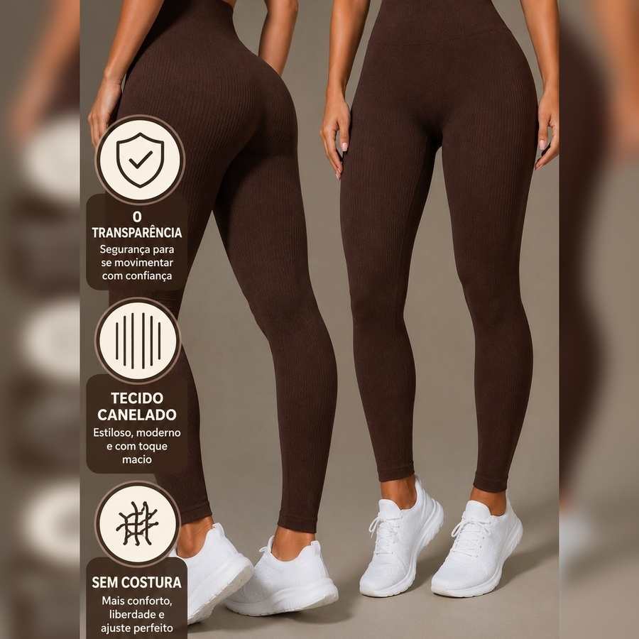 Calça Legging Canelada de Cintura Alta Sem Costura Academia Feminina Fitness Zero Transparência
