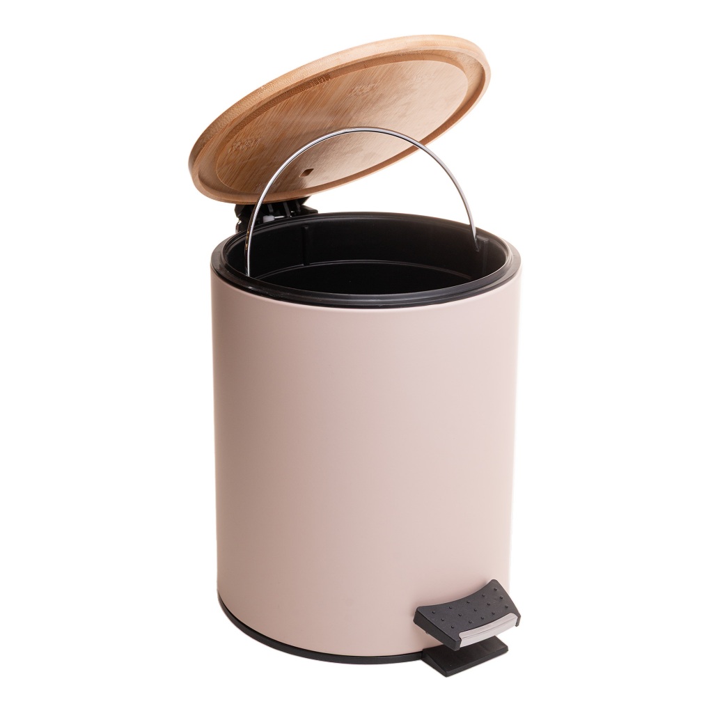 Lixeira Redonda com Tampa em Bambu e Pedal Lyor 5L Bege Aço Inox Organizador Resistente Higiênica Banheiro Elegante Casa