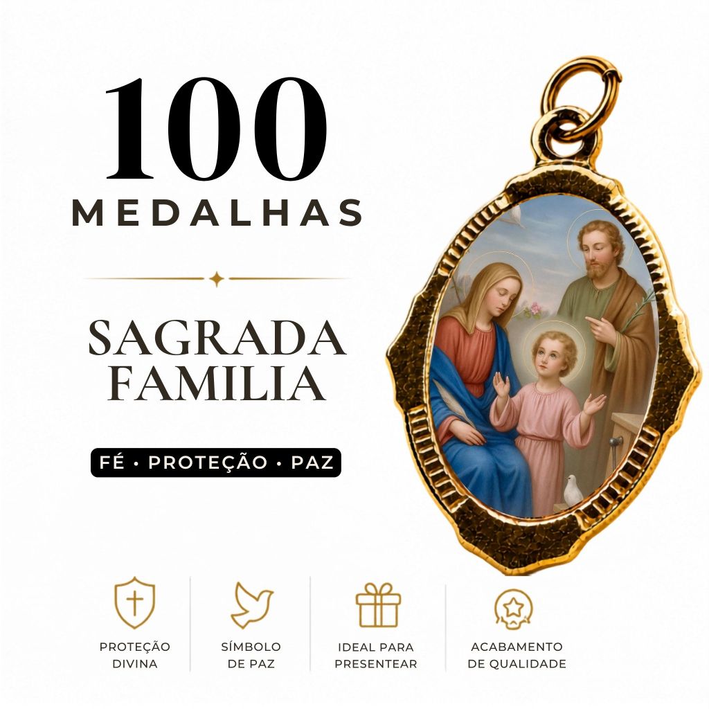 100 Medalhas Católicas Sagrada Familia – Chapa Resinada para Lembrancinhas e Artigos Religiosos