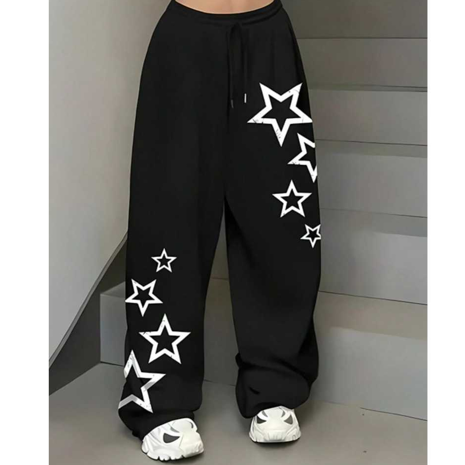 Calça Moletom Wide Leg Unissex Estilo Larga 100% Algodão Estilosa Estrelas Moda