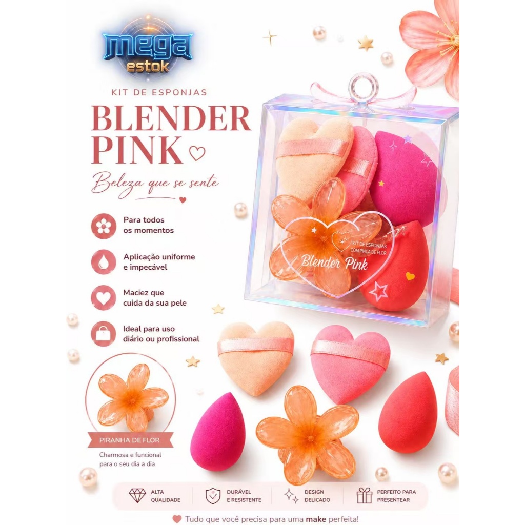 Kit Maquiagem Blender Pink com Esponjas + Piranha de Flor + Pincel Kabuki | Kit Completo Beauty Rosa - 4  #6 #7