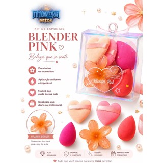 Kit Maquiagem Blender Pink com Esponjas + Piranha de Flor + Pincel Kabuki | Kit Completo Beauty Rosa - 4  #6 #7