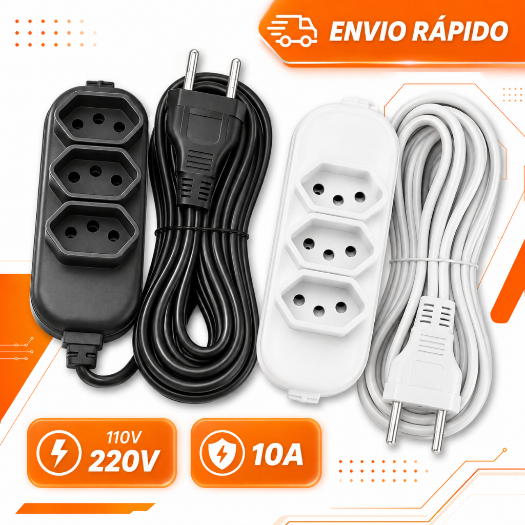 Extensão de Energia 10A Bivolt 110/220V 2m 3m 5m 10m Tripolar Preta Durável