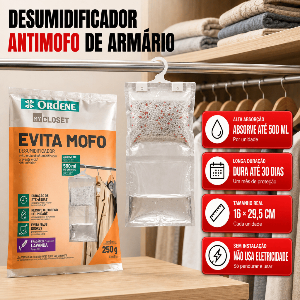 Kit Desumidificador Antimofo Guarda Roupa Armários Sapateira Ordene Dry Closet 500ml Sachê Lavanda