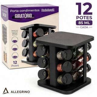 Porta Condimentos Giratório 12 Potes 85ml Organizador De Temperos Preto Cozinha Moderno
