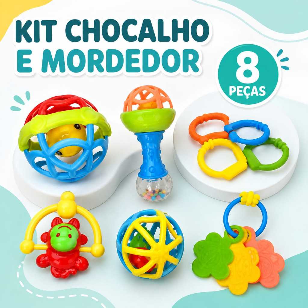 Kit Chocalho e Mordedor Infantil Colorido 8 Peças Brinquedo Sensorial para Bebê