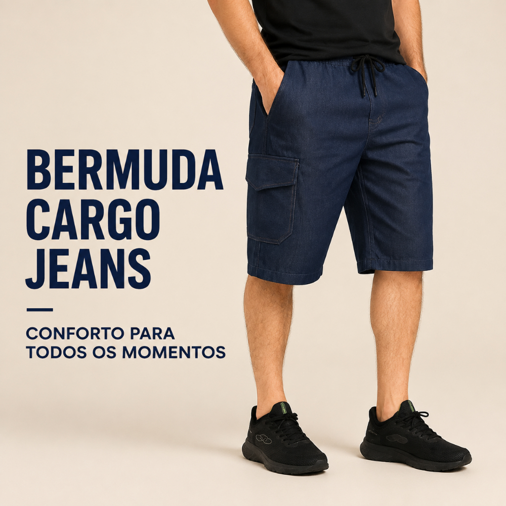 Bermuda Jeans Masculina Cargo com Elastano Bolsos Casual