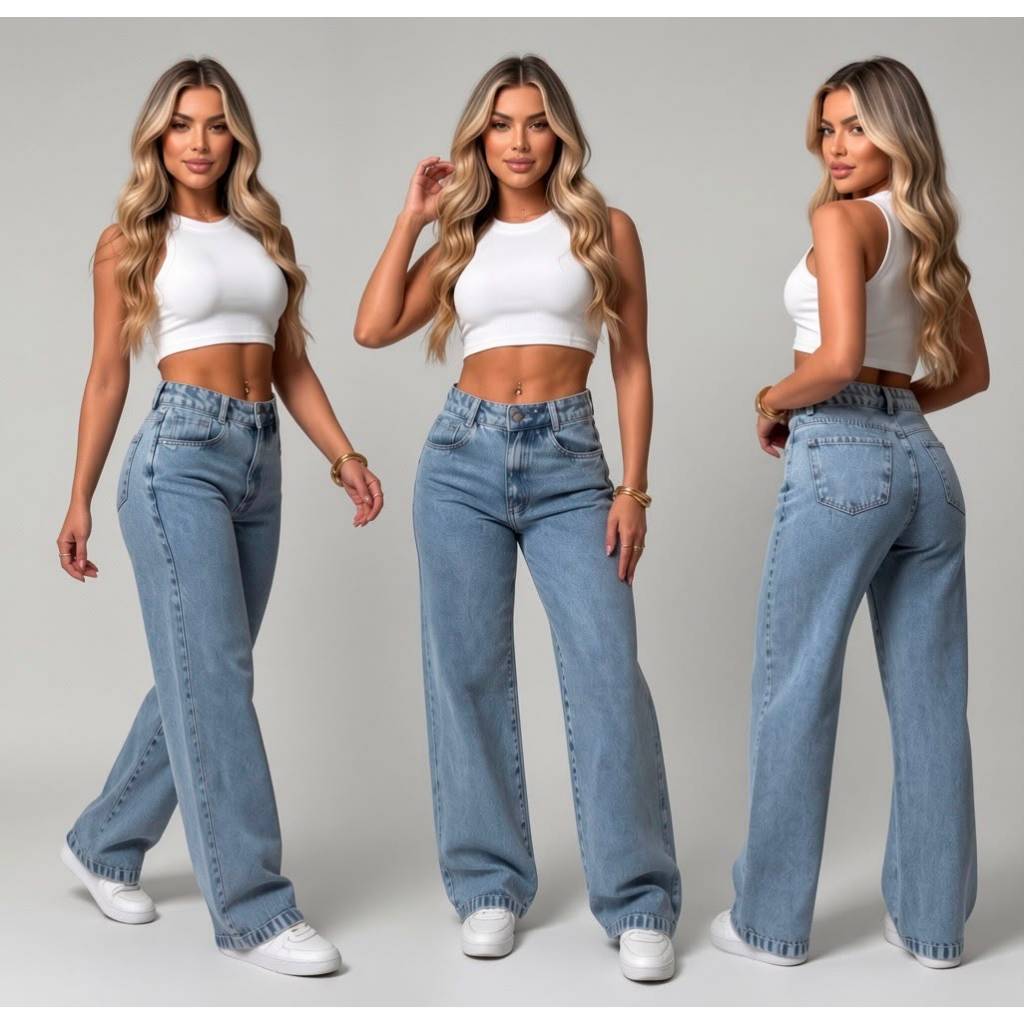 Calça Wid Leg Marmorizada Jeans Feminino Sem lycra Premium