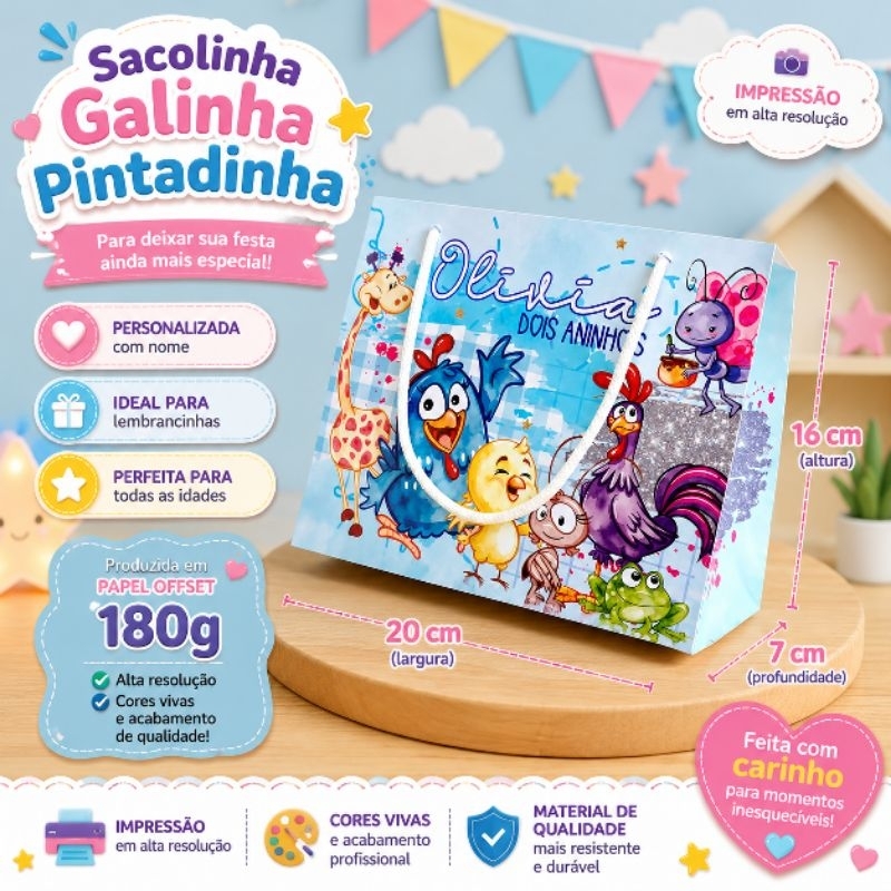 Sacolinha personalizada Galinha Pintadinha - lembrancinha de aniversario infantil, bolinha, Galinha Pintadinha