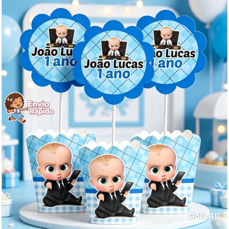 kit  Centro de Mesa Personalizado Caixa Cachepot Poderoso Chefinho Cachepô Enfeite Arranjo
