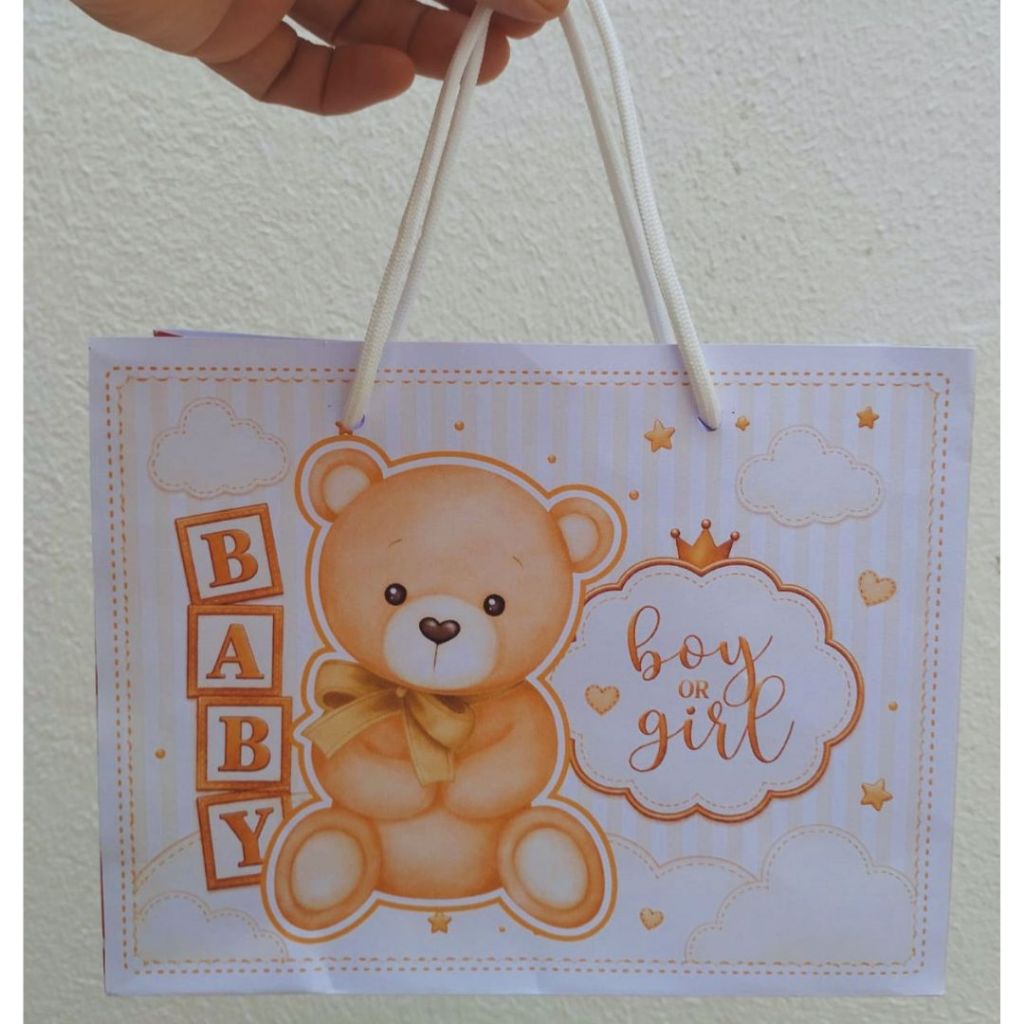 Sacolinha CHÁ REVELAÇÃO URSINHO NEUTRO DOURADO Personalizado Sacolinha Lembrancinha Aniversário URSINHO PEGUE MONTE