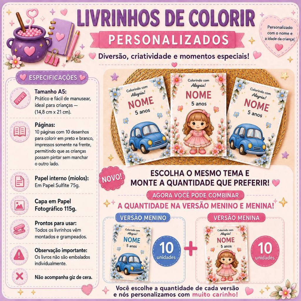 Livrinho de Colorir Personalizado Infantil TAMANHO A5| 10 Desenhos | Lembrancinha | COLORIR | | Aniversario |