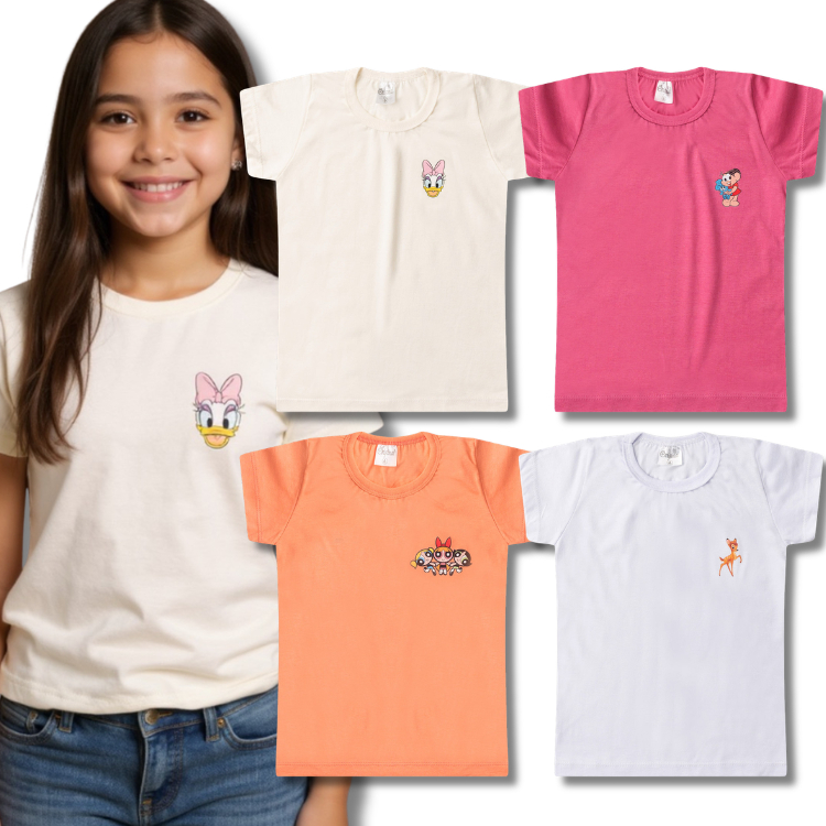 Kit Sortido 4 Blusas Lisa com Estampa DTF Feminina/Menina Infantil e Juvenil - Camiseta Escolar