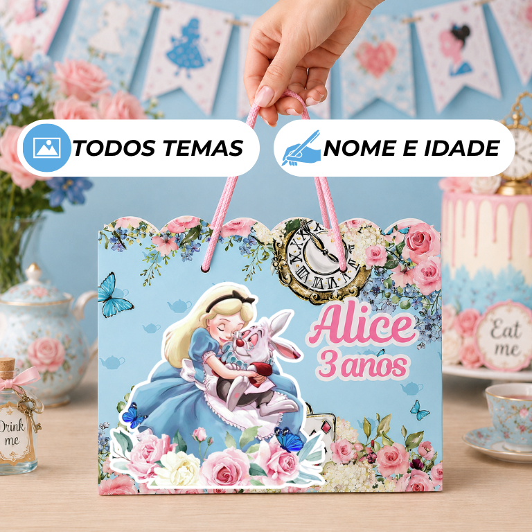 Kit 10 Sacolinhas Tema Alice no país das Maravilhas, Personalizadas para Lembrancinhas