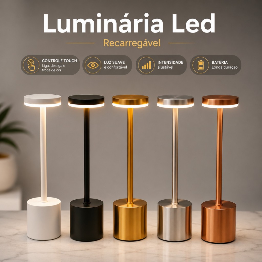 Luminária LED de Mesa Recarregável Touch Sem Fio 3 Tons de Luz Regulável USB Tipo-C