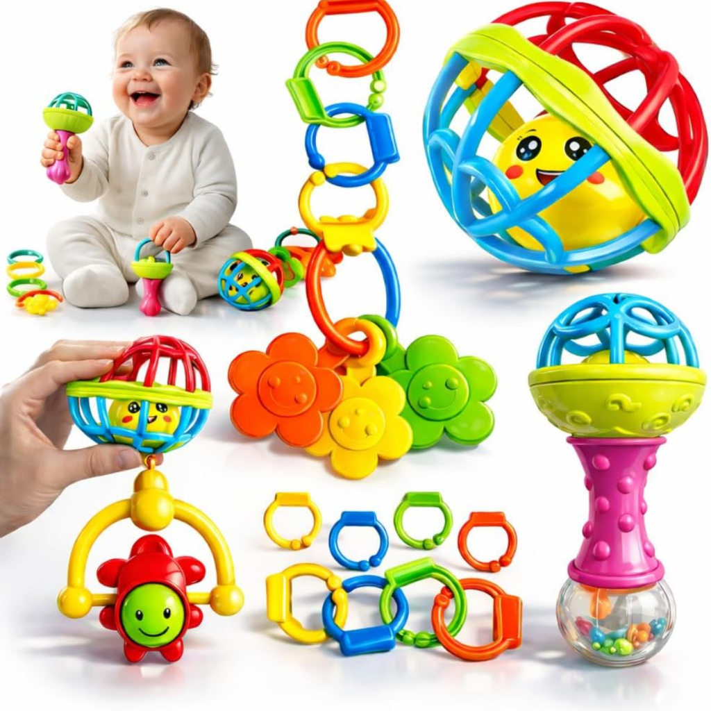 Kit 8 peças Mordedor para Bebe Sensorial Macio com Chocalho