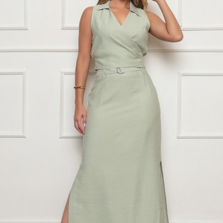 DUOUNO - CONJUNTO ELEGANTE FEMININO BLUSA REGATA SAIA MIDI TECIDO MARANTE COM CINTO BLUSAS SAIAS