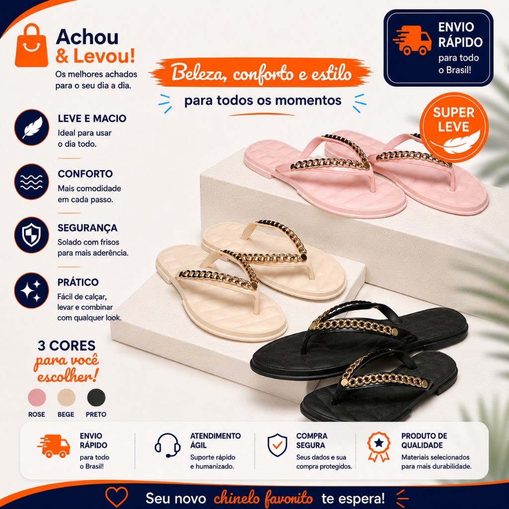 Sandalia Rasteirinha Chinelo Feminina Chique e Elegante  Confortavel com Detalhe em Corrente Dourada Praia Dia a Dia