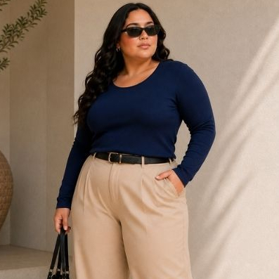 Blusa Feminina Plus Size Ribaninha Manga Longa Gola Redonda Canelada Básica Casual Confortável Inverno Outono