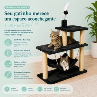 Arranhador Para Gatos 3 Bases com Rede Grande com 1 Bolinha e Penas - MIUPET
