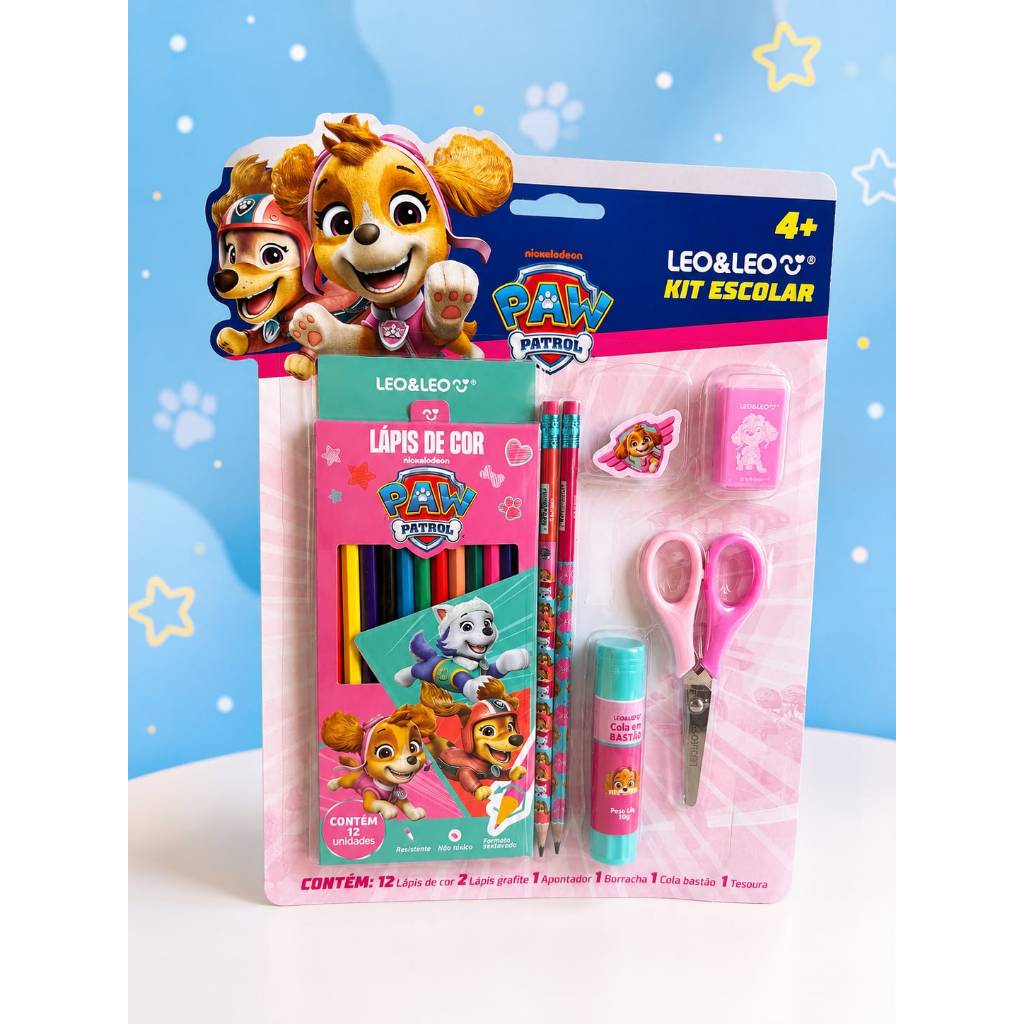 Kit Escolar Patrulha Canina 18 Itens Leo&Leo – Lápis de cor, lapis de escrever, borracha, apontador, cola e tesoura