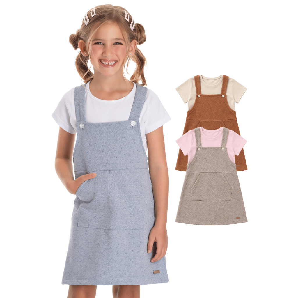 Conjunto Infantil Feminino Blusa Meia Malha Salopete Moletinho Ecológico Escola Dia a Dia Verão 4 6 8