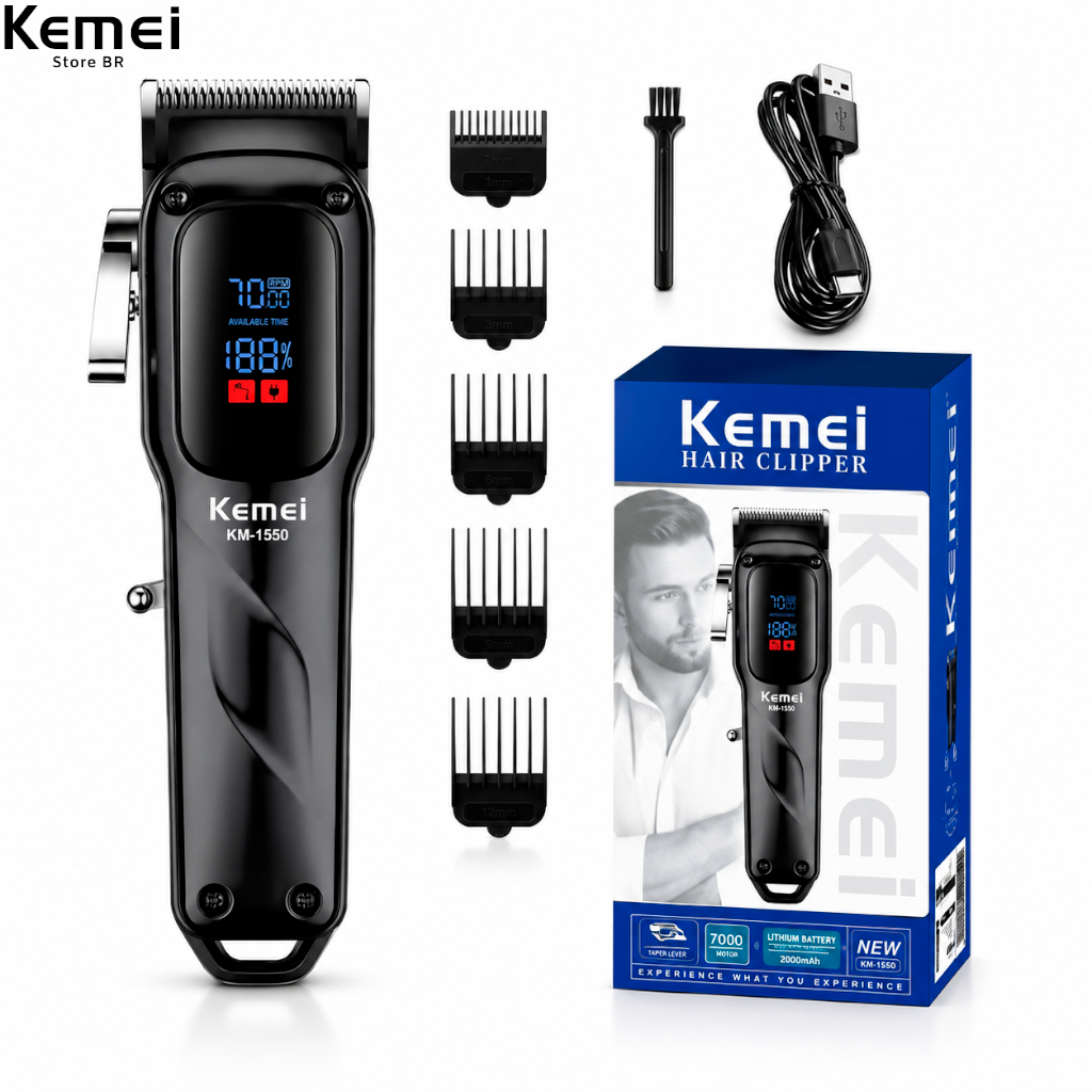 KEMEI-1550 Máquina Corte de Cabelo Elétrico Profissional Aparador Recarregável USB Portátil 7000 RPM