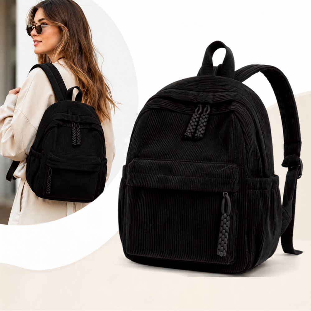 Mochila Feminina Pequena Bolsa de Costas Casual Veludo Cotelê Passeio Viagem Dia a Dia Impermeável